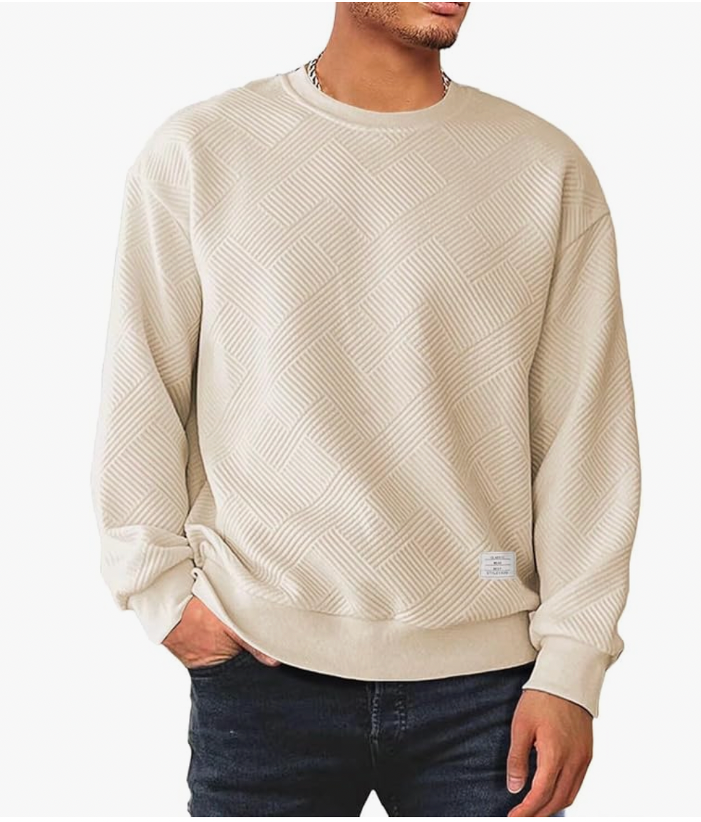 Men&#39;s Crewneck Sweatshirts Soild Color Geometric Texture Long Sleeve Casual Pullover Shirt
