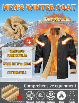 KEFITEVD Men's Winter Fleece Jacket Sherpa Lined Cargo Jackets Casual Trucker Coat Work Winter Thick Warm Coat