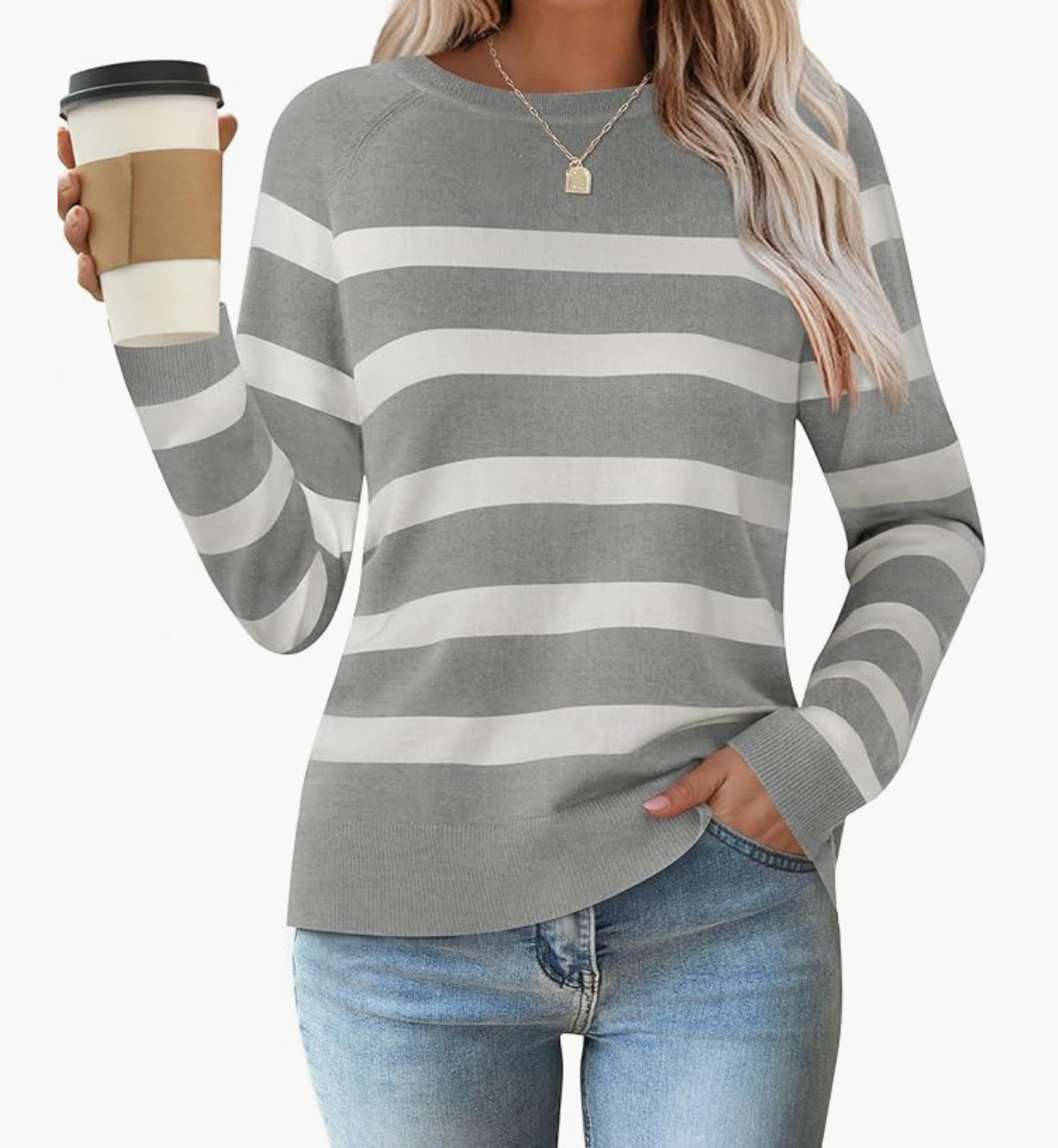 ZESICA Women&#39;s Long Sleeve Lightweight Striped Tops 2024 Fall Crewneck Ribbed Knit Shirts