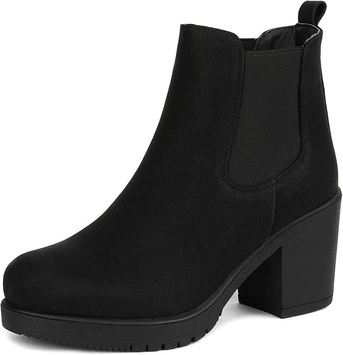 DREAM PAIRS Women&#39;s High Chunky Heel Chelsea Ankle Boots Slip On Elastic Fall Heeld Booties Shoes
