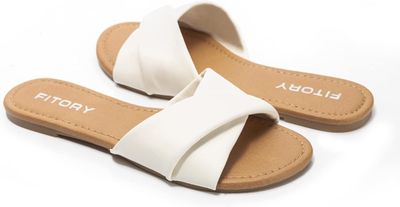 FITORY Women's Flat Sandals Fashion Slides With Soft Leather Slippers for Summer