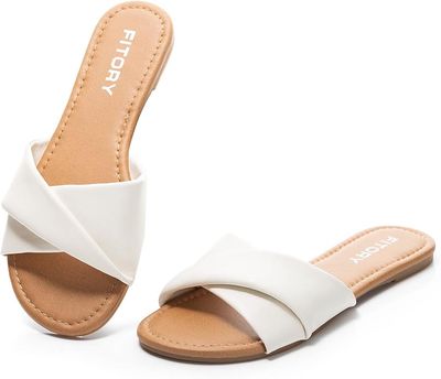 FITORY Women&#39;s Flat Sandals Fashion Slides With Soft Leather Slippers for Summer