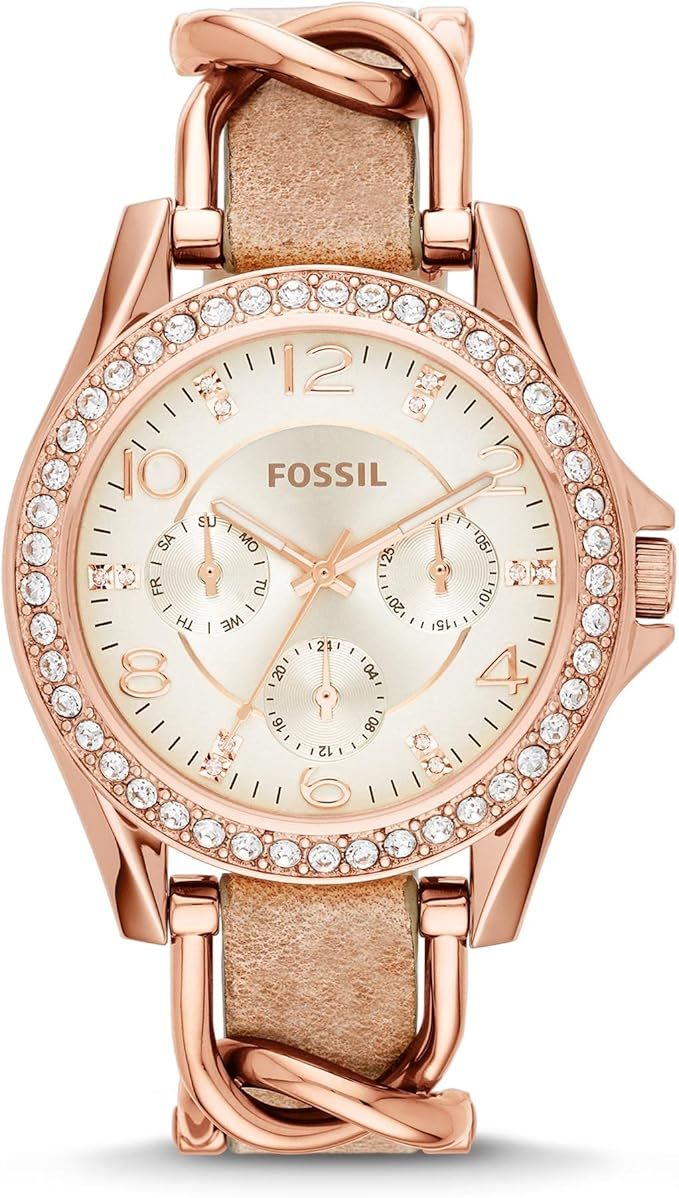 Fossil Women&#39;s Riley Quartz Stainless Steel and Leather Multifunction Watch, Color: Rose Gold, Sand (Model: ES3466)