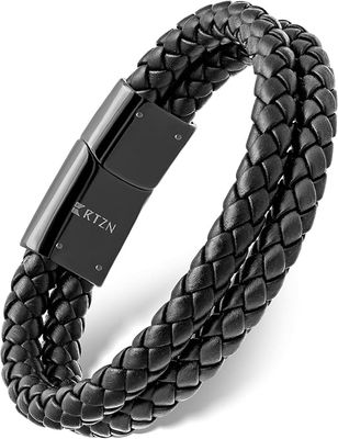 RTZN® Black Leather Bracelets for Men – Premium Artisan Handcrafted Collection – Single, Stacked, &amp; Double Strand Braided Leather, Onyx Stone &amp; Silver Chain Designs – Authentic Men&#39;s Leather Bracelets