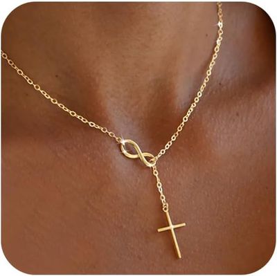 Gold Necklace for Women Dainty Infinity Cross Pendant Necklace Non Tarnish &amp; Waterproof Layered CZS Jewelry for Everyday Wear Simple Trendy Choker Minimalist Faith Christian Cross Gifts
