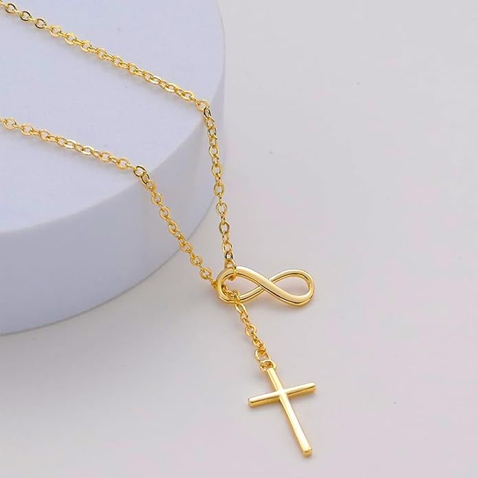 Gold Necklace for Women Dainty Infinity Cross Pendant Necklace Non Tarnish &amp; Waterproof Layered CZS Jewelry for Everyday Wear Simple Trendy Choker Minimalist Faith Christian Cross Gifts
