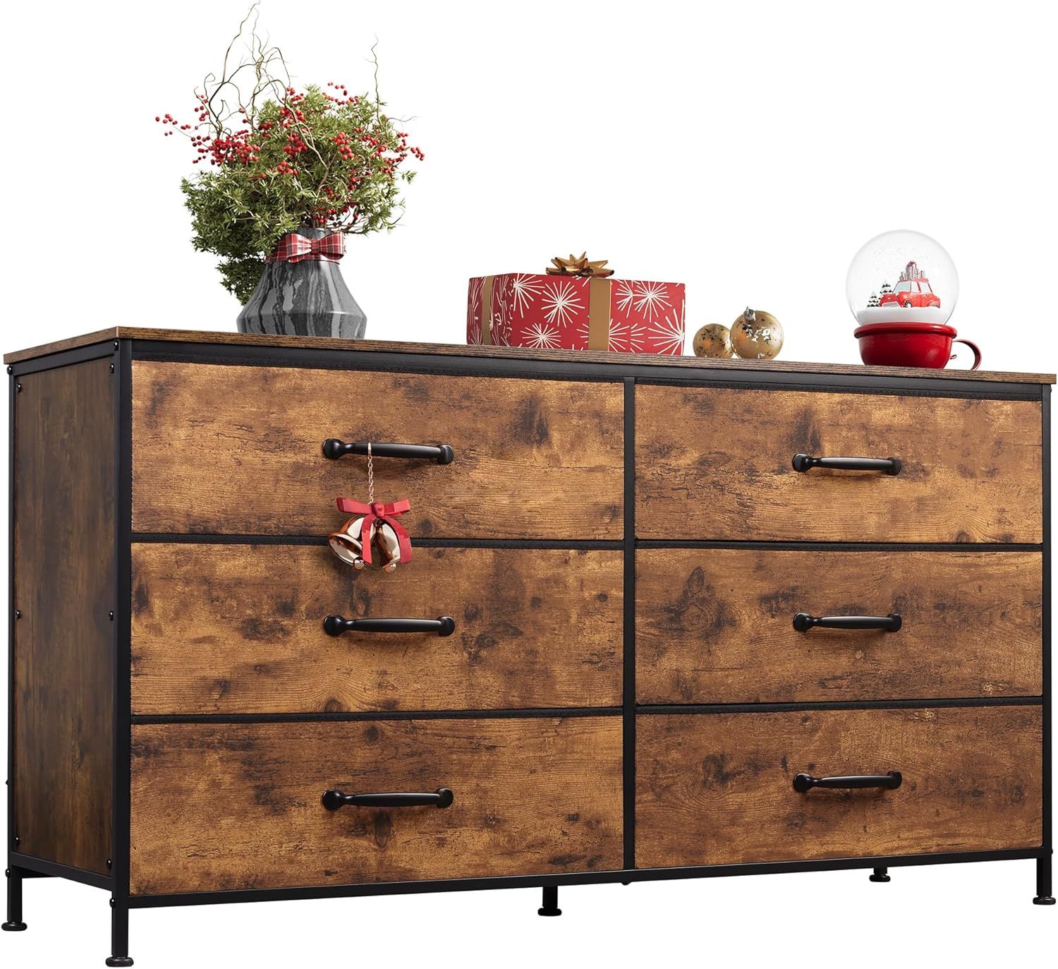 WLIVE Wide Fabric Dresser, 6 Drawer Dresser TV Stand for 60&quot; TV, Dressers Bedroom Furniture Large Storage Tower Unit with Fabric Bins, Dresser for Bedroom, Closet, Hallway, Rustic Brown