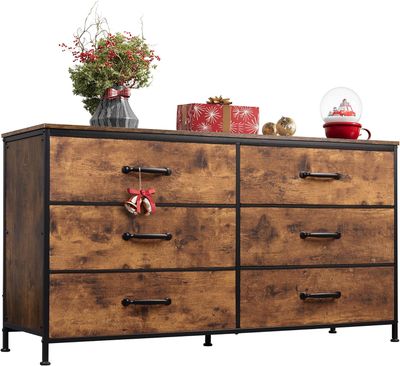 WLIVE Wide Fabric Dresser, 6 Drawer Dresser TV Stand for 60&quot; TV, Dressers Bedroom Furniture Large Storage Tower Unit with Fabric Bins, Dresser for Bedroom, Closet, Hallway, Rustic Brown