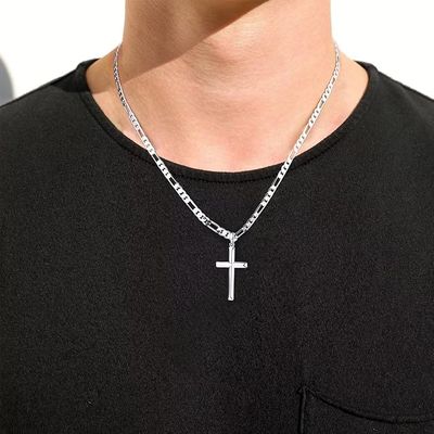 Ursteel S925 Sterling Silver Cross Pendant Cross Necklace for Men, Mens Cross Necklace 18K Gold Plated Silver Black Figaro Chain Necklace for Men Women 16 18 20 22 24 Inch Cross Necklace