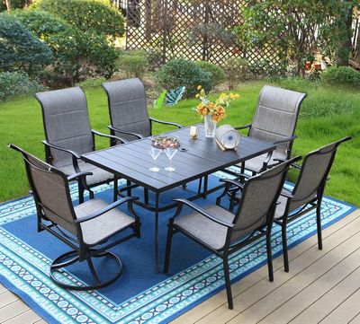 PHI VILLA 7 PCS Patio Dining Set, Outdoor Table Chair Set with Large Metal Table, 6 High Back Patio Chairs Include 4 Fixed and 2 Swivel Chair, Patio Furniture Dining Set for Patio Lawn Garden