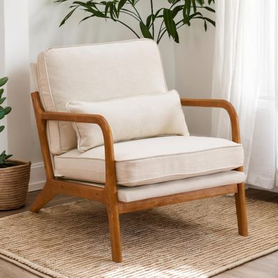 Karl home Accent Chair Mid-Century Modern Chair with Pillow Upholstered Lounge Arm Chair with Solid Wood Frame &amp; Soft Cushion for Living Room, Bedroom, Balcony, Linen Beige (Low Back)