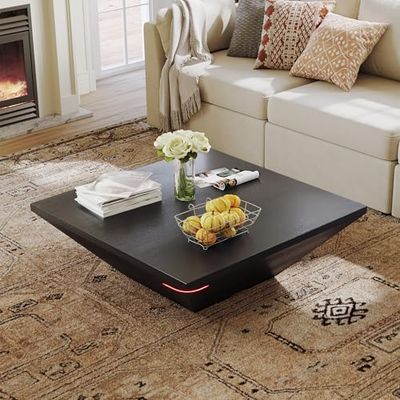 POVISON Modern Coffee Tables for Living Room, Square Coffee Table with Storage, Wood Coffee Table with Drawers, 39.4" Black Trapezoidal Living Room Tables for Home Office, Fully Assembled
