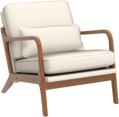 Karl home Accent Chair Mid-Century Modern Chair with Pillow Upholstered Lounge Arm Chair with Solid Wood Frame &amp; Soft Cushion for Living Room, Bedroom, Balcony, Linen Beige (Low Back)