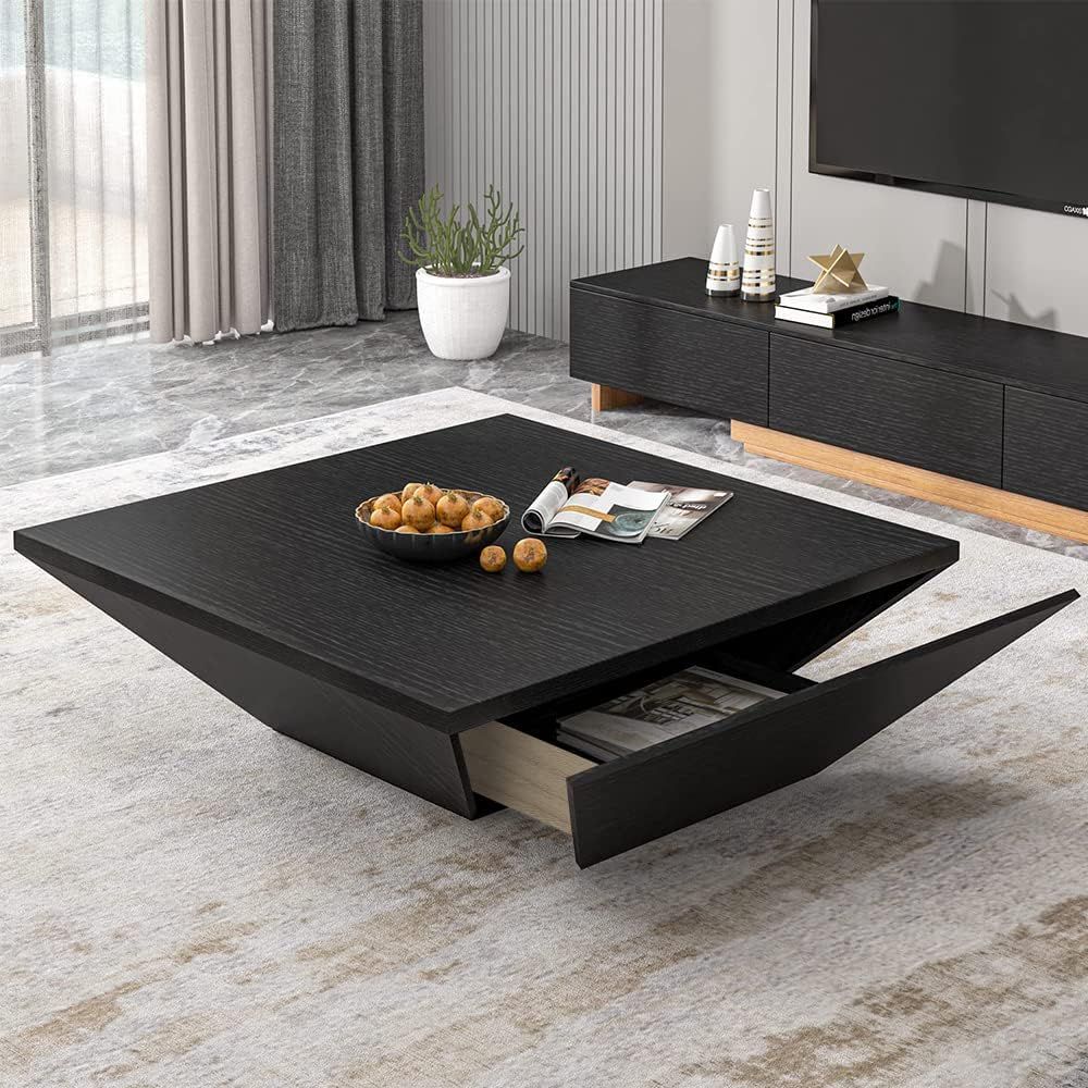 POVISON Modern Coffee Tables for Living Room, Square Coffee Table with Storage, Wood Coffee Table with Drawers, 39.4&quot; Black Trapezoidal Living Room Tables for Home Office, Fully Assembled