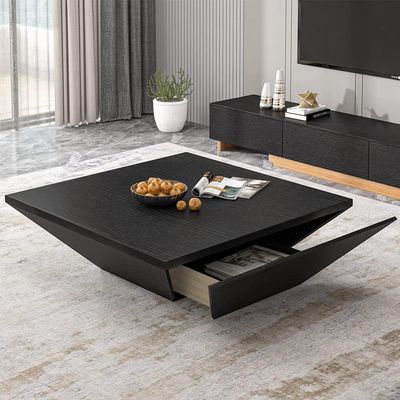 POVISON Modern Coffee Tables for Living Room, Square Coffee Table with Storage, Wood Coffee Table with Drawers, 39.4&quot; Black Trapezoidal Living Room Tables for Home Office, Fully Assembled