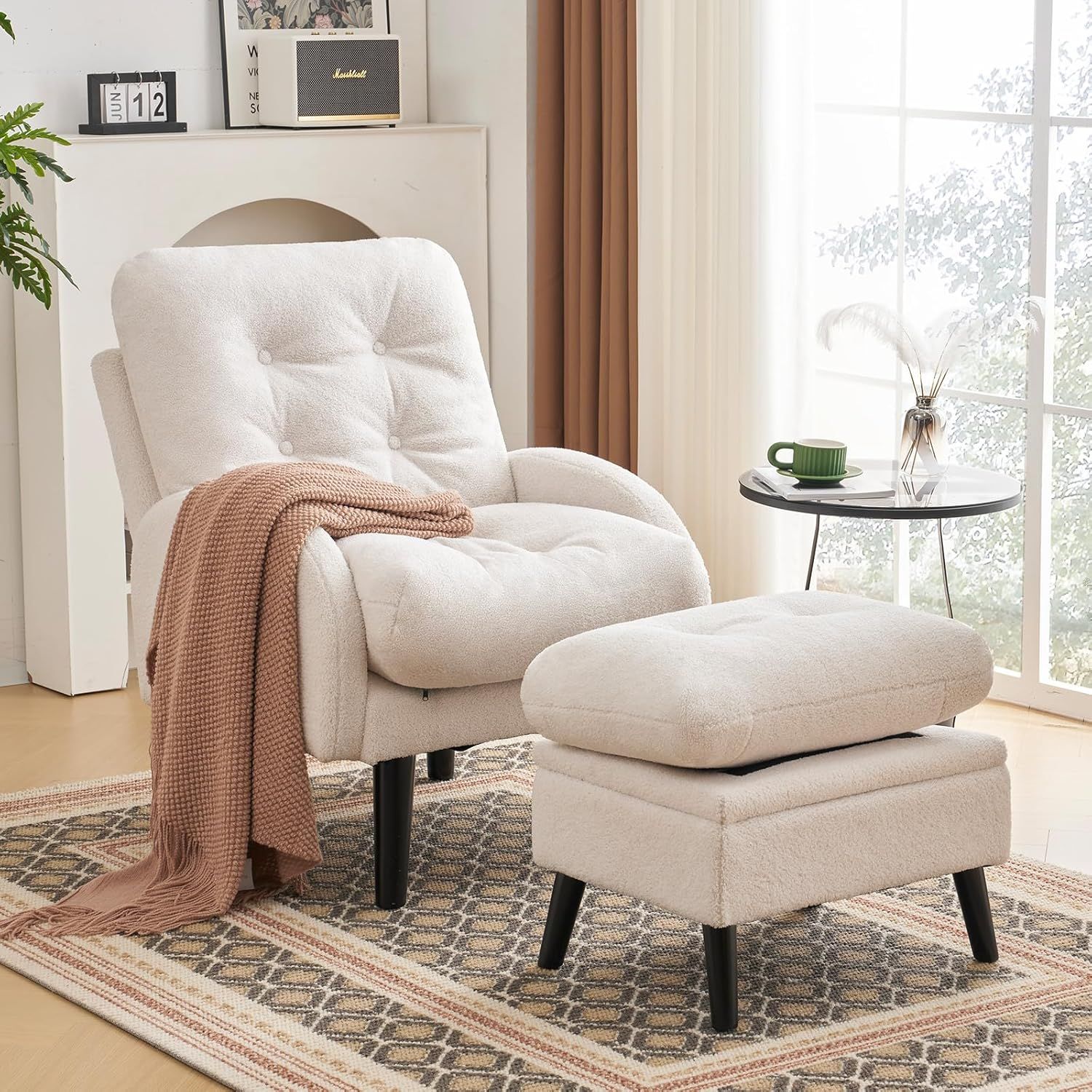 ELUCHANG Accent Chairs with Ottoman, Upholstered Comfy Armchair with Adjustable Backrest&amp;Storage Footrest, Lazy Chair Reading Chair Leisure Sofa Recliner for Living Room Bedroom (White - Teddy Fabric)