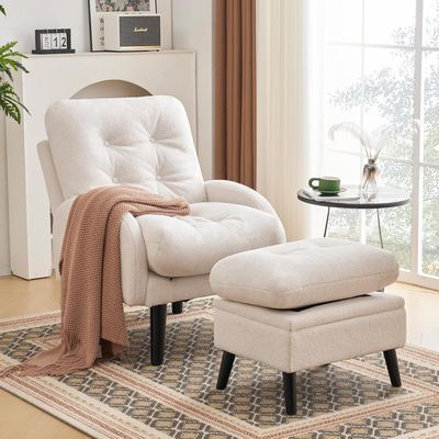 ELUCHANG Accent Chairs with Ottoman, Upholstered Comfy Armchair with Adjustable Backrest&amp;Storage Footrest, Lazy Chair Reading Chair Leisure Sofa Recliner for Living Room Bedroom (White - Teddy Fabric)