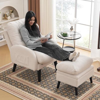 ELUCHANG Accent Chairs with Ottoman, Upholstered Comfy Armchair with Adjustable Backrest&amp;Storage Footrest, Lazy Chair Reading Chair Leisure Sofa Recliner for Living Room Bedroom (White - Teddy Fabric)
