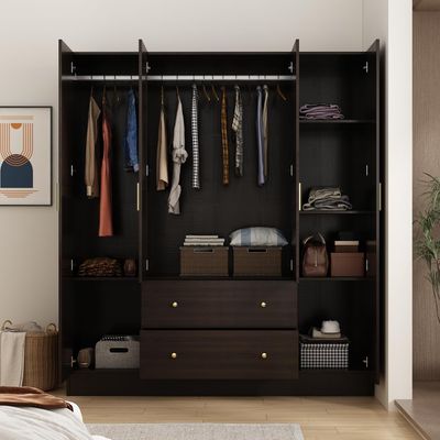 ECACAD Dark Brown Wardrobe Armoire with Mirror, 5-Tier Shelves, 2 Drawers, 2 Hanging Rods and 4 Doors, Wooden Closet Storage Cabinet for Bedroom (63”W x 19.7”D x 70.9”H)