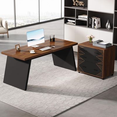 Tribesigns L-Shaped Executive Desk, 62" Large Home Office Computer Desk with 2 Storage Drawers and Letter Size File Cabinet, Workstation Business Furniture Set (Oak &amp; Black)