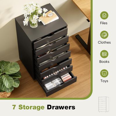 Sweetcrispy 7 Drawer Chest, Dressers Storage Cabinets Wooden Dresser Mobile Cabinet with Wheels Room Organizer, Small Drawers Wood Organization Furniture for Office, Home, Black Wood