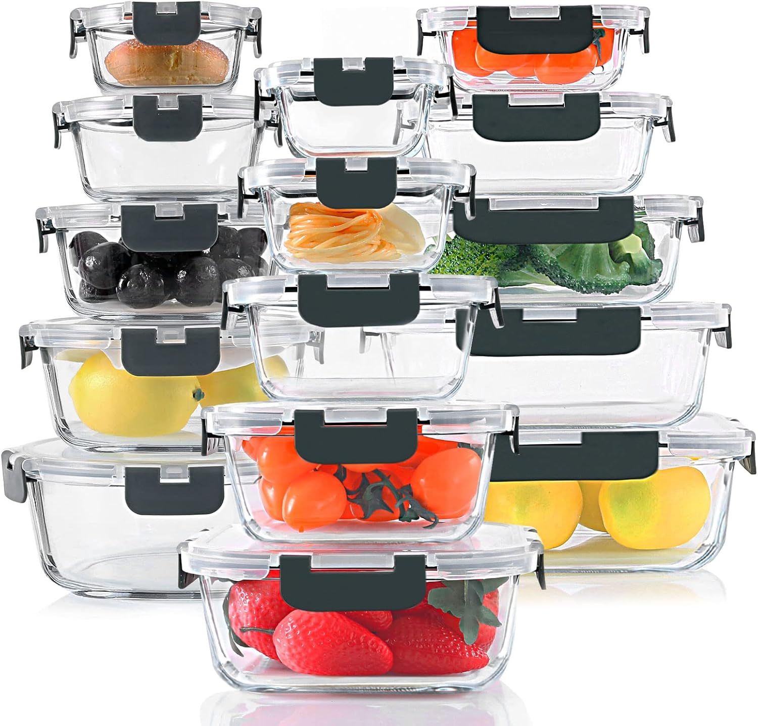 KOMUEE 30 Pieces Glass Food Storage Containers Set, Glass Meal Prep Containers Set with Snap Locking Lids, Airtight Glass lunch Containers for Microwave, Oven, Freezer &amp; Dishwasher,Gray