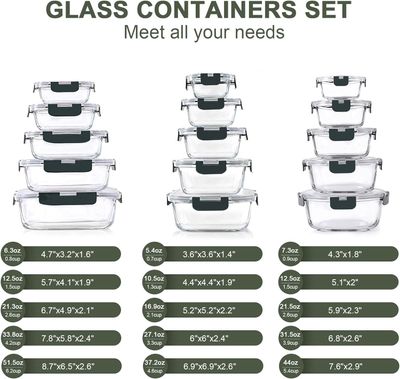 KOMUEE 30 Pieces Glass Food Storage Containers Set, Glass Meal Prep Containers Set with Snap Locking Lids, Airtight Glass lunch Containers for Microwave, Oven, Freezer &amp; Dishwasher,Gray