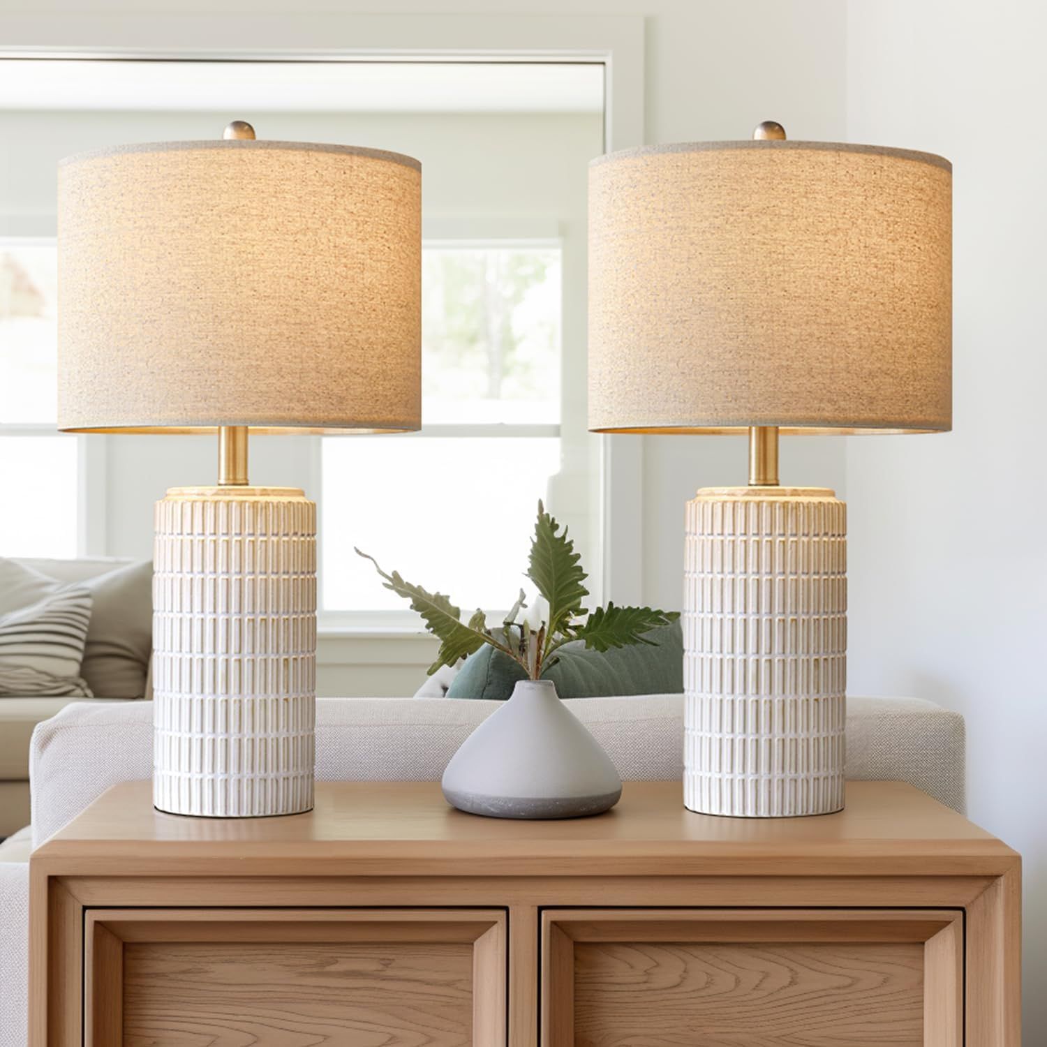 PoKat 23&quot; Modern Ceramic Table Lamp Set of 2 for Living Room White Desk Lamps for Bedroom Farmhouse Bedside Nightstand Bedside Lamp End Table Lamps Beige