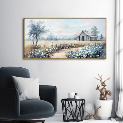 Wall Art Modern Artwork Farm Landscape Blue Abstract Flower Tree Canvas Painting Colorful Wall Decor for Living Room Bedroom Dining Room Home Office Decor 24"x48" with Framed