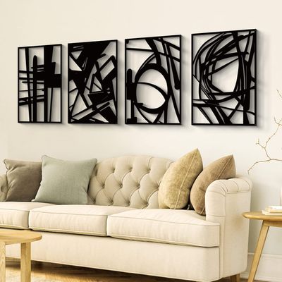 Glamativity 4 Pack Black Abstract Metal Wall Art, Minimalist Décor Single Line Art Wall Décor, 3D Textured Metal Wall Sculptures, for Living Room Bedroom Bathroom Study Room (Black Abstract, M Size 16