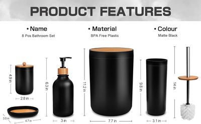Black Bathroom Accessories Set 8 PCS, Matte Black Bathroom Accessory Sets Complete with Trash Can, Soap Dispenser and Toothbrush Holder Set, Soap Dish, Qtip Holders, Toilet Brush Holder
