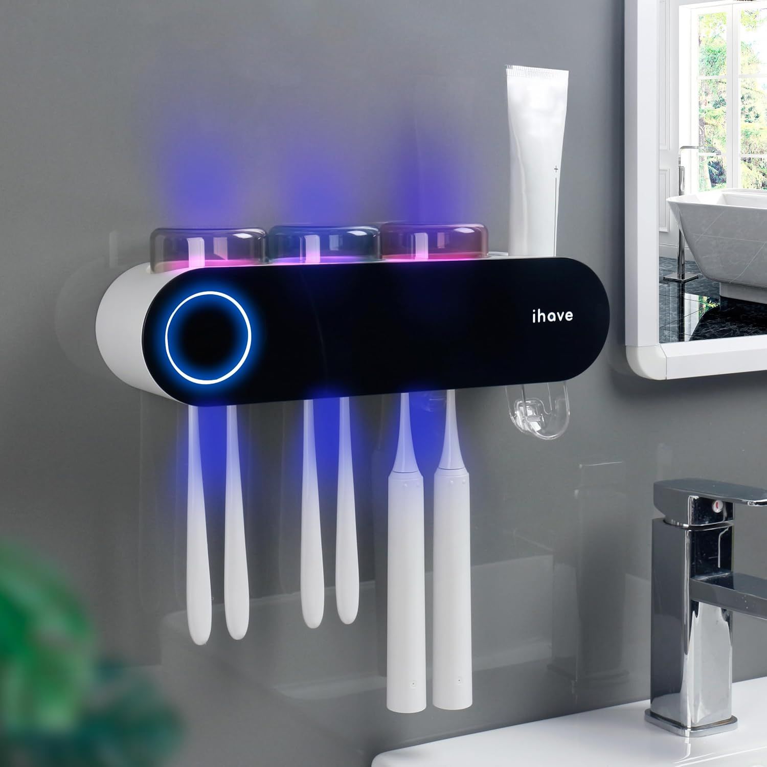 iHave Toothbrush Holders for Bathrooms, UV Toothbrush Sanitizer and Holder Smart Home Bathroom Accessories, 3 Cups Electric Toothbrush Holder Wall Mounted with Toothpaste Dispenser Bathroom Decor