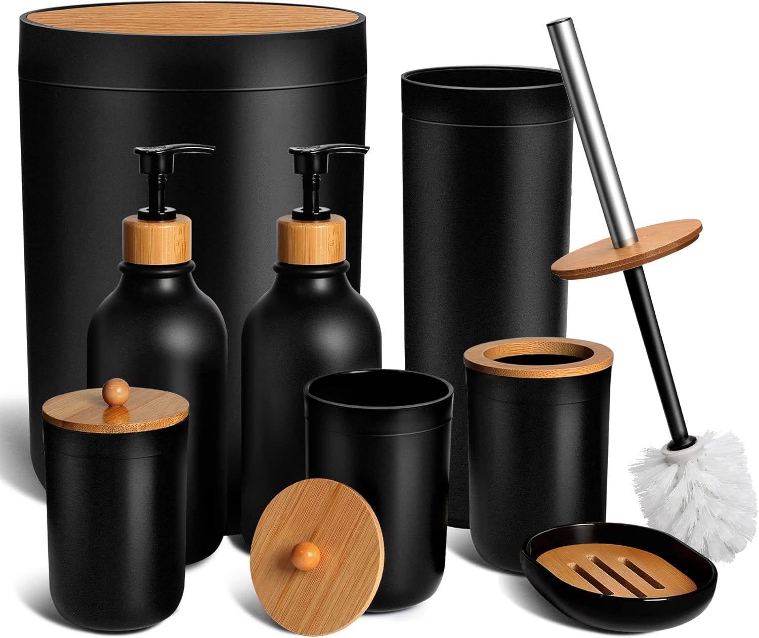Black Bathroom Accessories Set 8 PCS, Matte Black Bathroom Accessory Sets Complete with Trash Can, Soap Dispenser and Toothbrush Holder Set, Soap Dish, Qtip Holders, Toilet Brush Holder