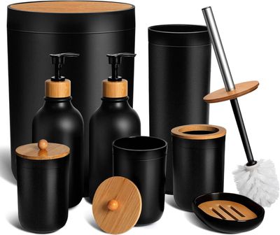 Black Bathroom Accessories Set 8 PCS, Matte Black Bathroom Accessory Sets Complete with Trash Can, Soap Dispenser and Toothbrush Holder Set, Soap Dish, Qtip Holders, Toilet Brush Holder