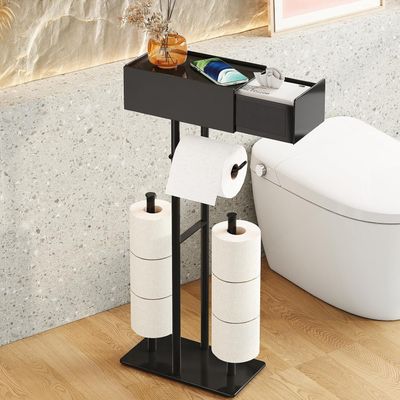 Free Standing Toilet Paper Holder with Shelf,Stand Mega Roll Toilet Paper Holder with Storage,Freestanding Tp Holder with Drawer for Wipes,No Drill,Matte Black,Bathroom