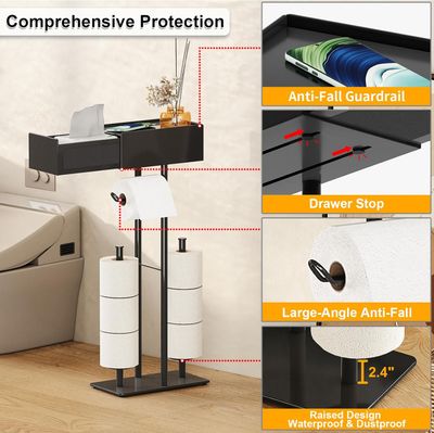 Free Standing Toilet Paper Holder with Shelf,Stand Mega Roll Toilet Paper Holder with Storage,Freestanding Tp Holder with Drawer for Wipes,No Drill,Matte Black,Bathroom