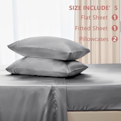 CozyLux Satin Sheets Full Size - 4 Piece Light Grey Bed Sheet Set with Silky Microfiber, 1 Deep Pocket Fitted Sheet, 1 Flat Sheet, and 2 Pillowcases - Smooth and Soft