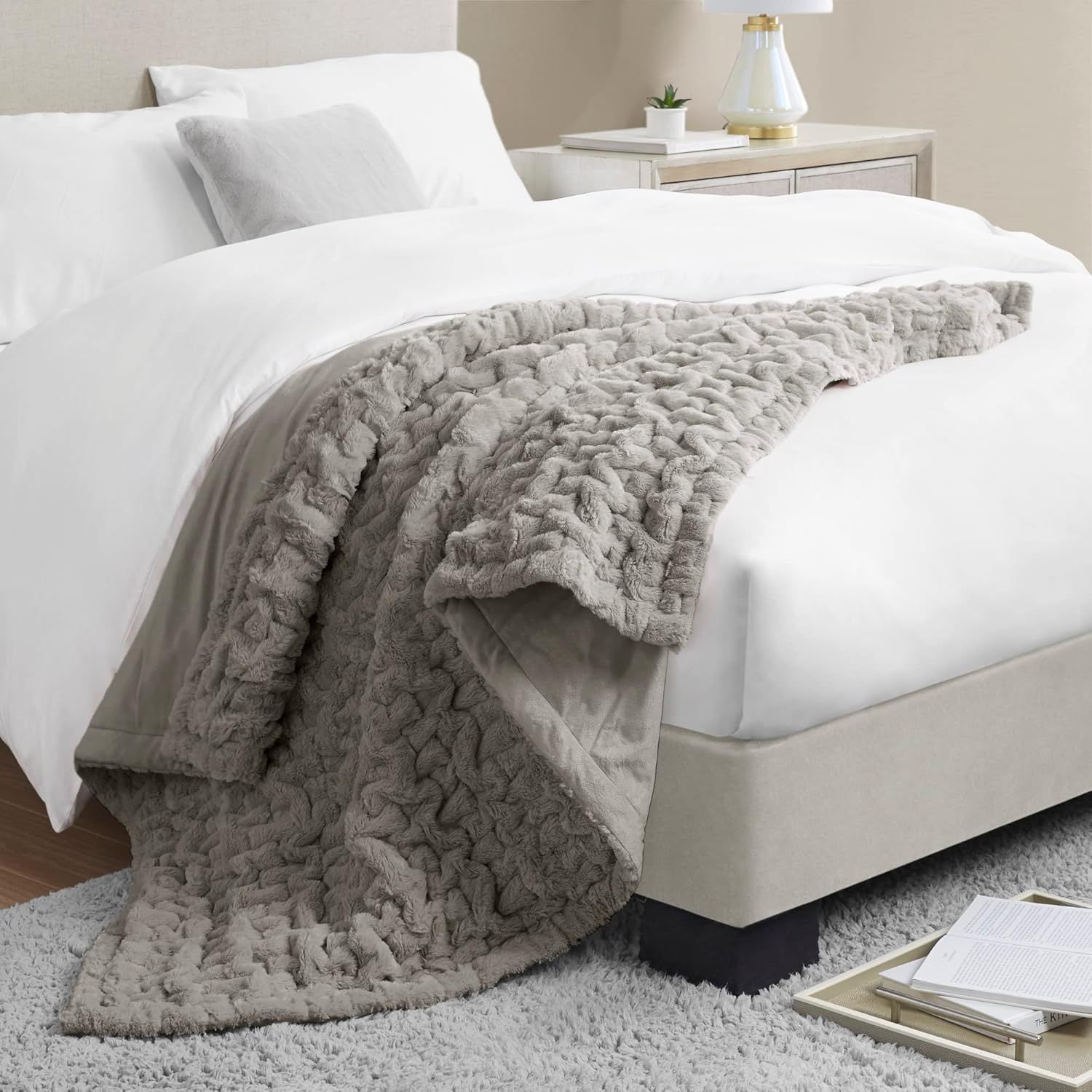 Madison Park Ruched Fur Luxury Throw Premium Soft Cozy Brushed Long Faux Fur For Bed, Couch or Sofa , 50x60&quot; , Grey