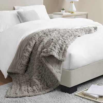 Madison Park Ruched Fur Luxury Throw Premium Soft Cozy Brushed Long Faux Fur For Bed, Couch or Sofa , 50x60&quot; , Grey