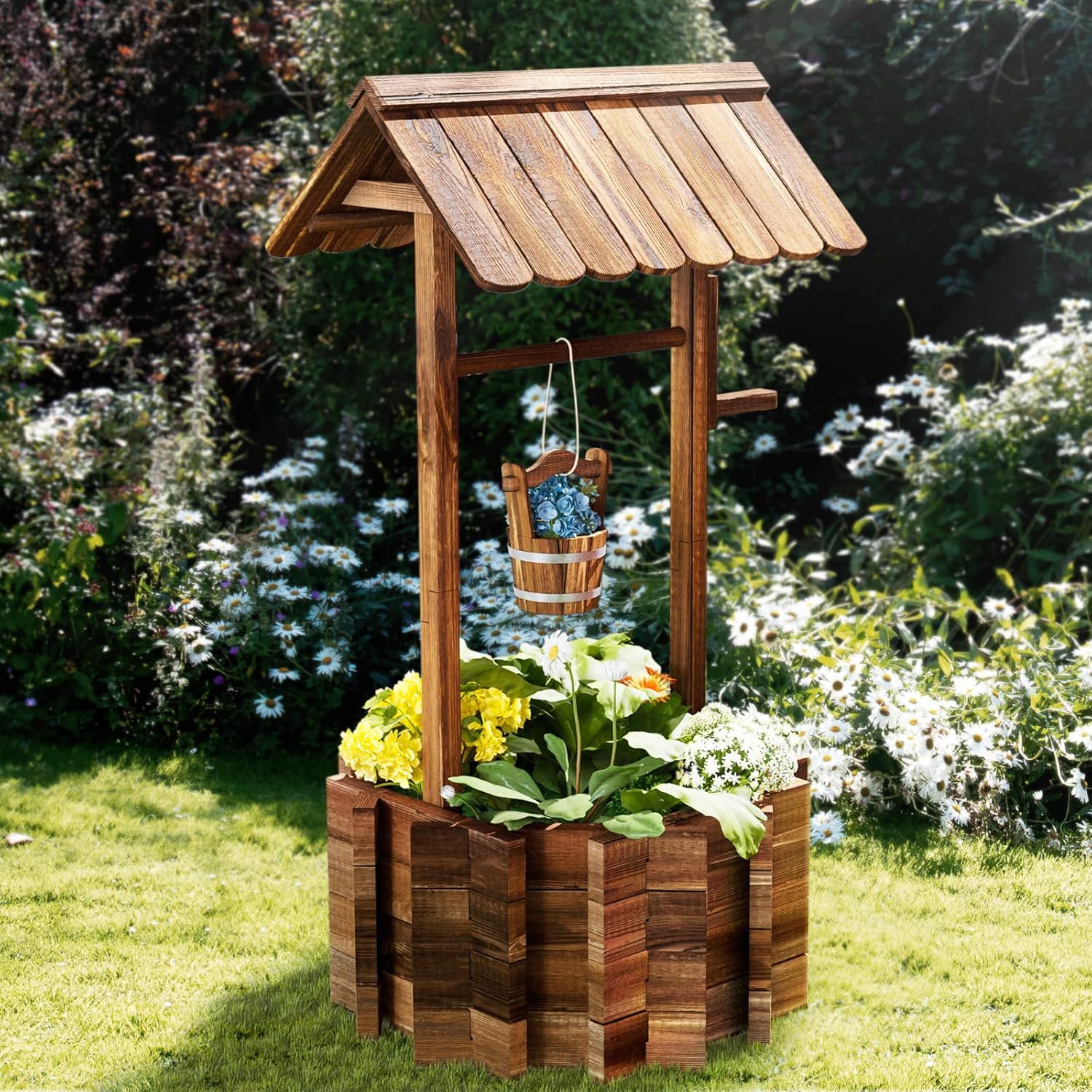 Wooden Wishing Well Planter for Outdoors with Hanging Bucket, Rustic Flower Planter Patio Garden Decorative, Brown (Brown)