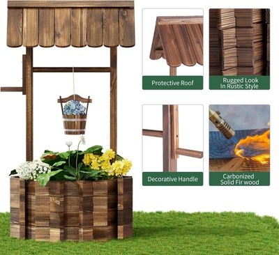 Wooden Wishing Well Planter for Outdoors with Hanging Bucket, Rustic Flower Planter Patio Garden Decorative, Brown (Brown)