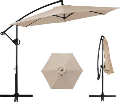 Shintenchi Patio Offset Umbrella with Easy Tilt Adjustment,Crank and Cross Base, Outdoor Cantilever Hanging Umbrella, Sunshade Umbrella Canopy, Khaki