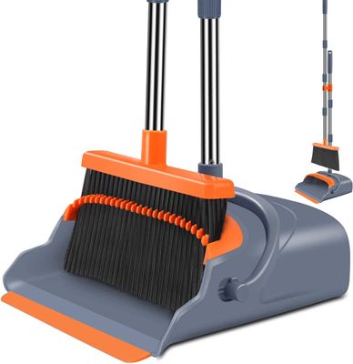 kelamayi Upgrade Broom and Dustpan Set, Self-Cleaning with Dustpan Teeth, Indoor&amp;Outdoor Sweeping, Ideal for Dog Cat Pets Home Use, Stand Up Broom and Dustpan (Gray&amp;Orange)