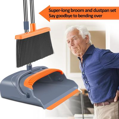kelamayi Upgrade Broom and Dustpan Set, Self-Cleaning with Dustpan Teeth, Indoor&amp;Outdoor Sweeping, Ideal for Dog Cat Pets Home Use, Stand Up Broom and Dustpan (Gray&amp;Orange)
