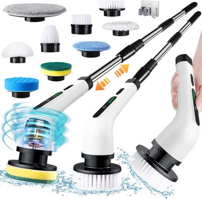 Electric Spin Scrubber, Cordless Electric Scrubber for Cleaning Bathroom,Power Shower Scrubber with Long Handle,Electric Cleaning Brush with 9 Brush Heads for Bathroom,Tub,Floor,Kitchen,Window,Car