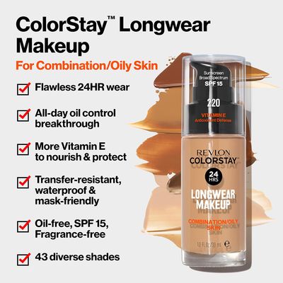 Revlon ColorStay Liquid Foundation for Combination &amp; Oily Skin, Face Makeup Stocking Stuffers for Women, SPF 15, Medium-Full Coverage, Matte Finish, Butterscotch (315), 1.0 Oz