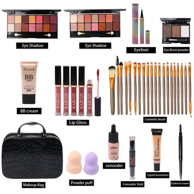 All in One Makeup Kit for Makeup storage bag 2X14 Colors Eyeshadow Palette Liquid Foundation Eyeliner Pencils Contouring Stick Lip Gloss Eyebrow Pencils 20Pcs Makeup Brushes etc For Women Girls Teens