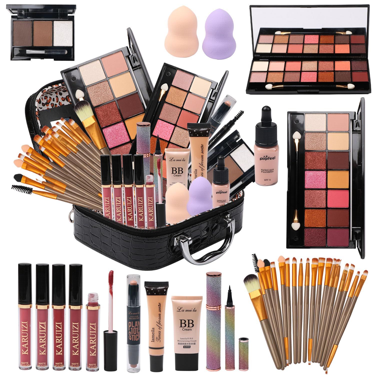 All in One Makeup Kit for Makeup storage bag 2X14 Colors Eyeshadow Palette Liquid Foundation Eyeliner Pencils Contouring Stick Lip Gloss Eyebrow Pencils 20Pcs Makeup Brushes etc For Women Girls Teens