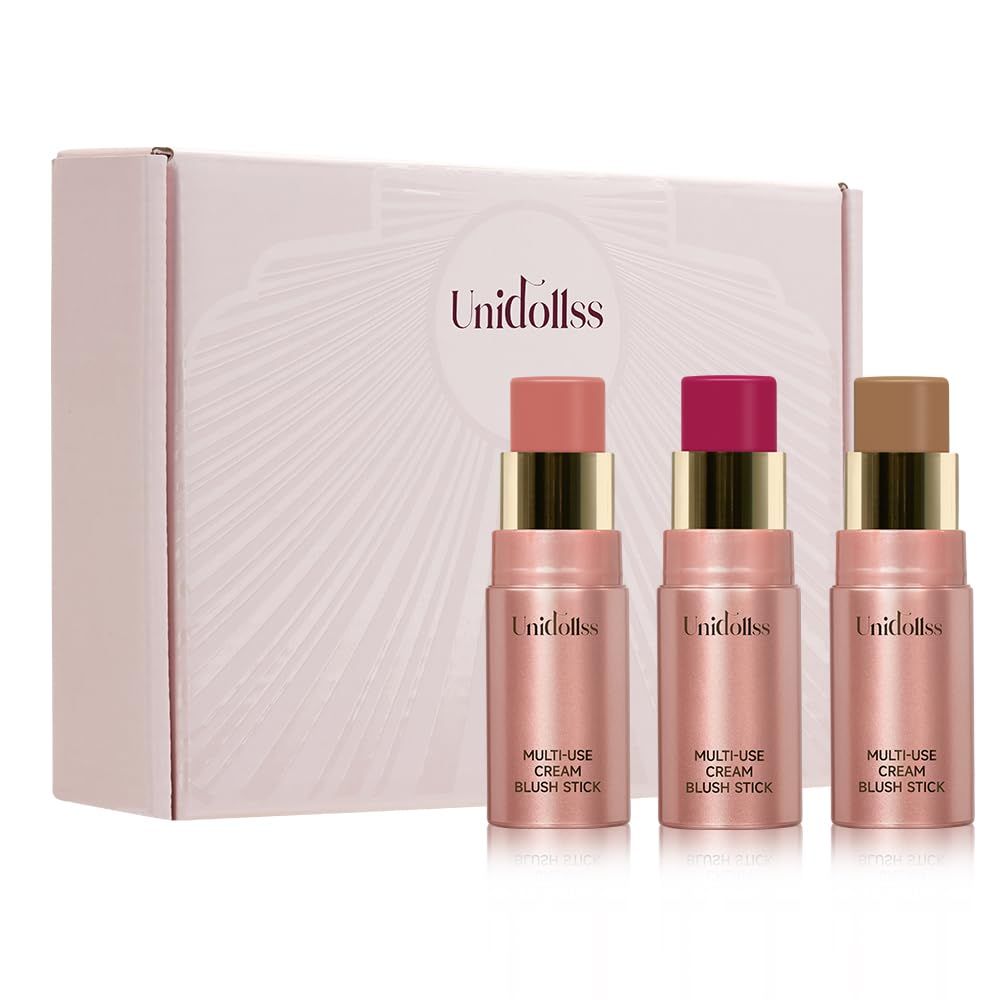 3 Pcs Multi-Use Makeup Cream Blush Stick Set, Unidollss 3-in-1 Buildable Bronzer Blush Stick Set, Hydrating formula, All day wear, Easy Application with a Random Accessory Included(02,04,05)