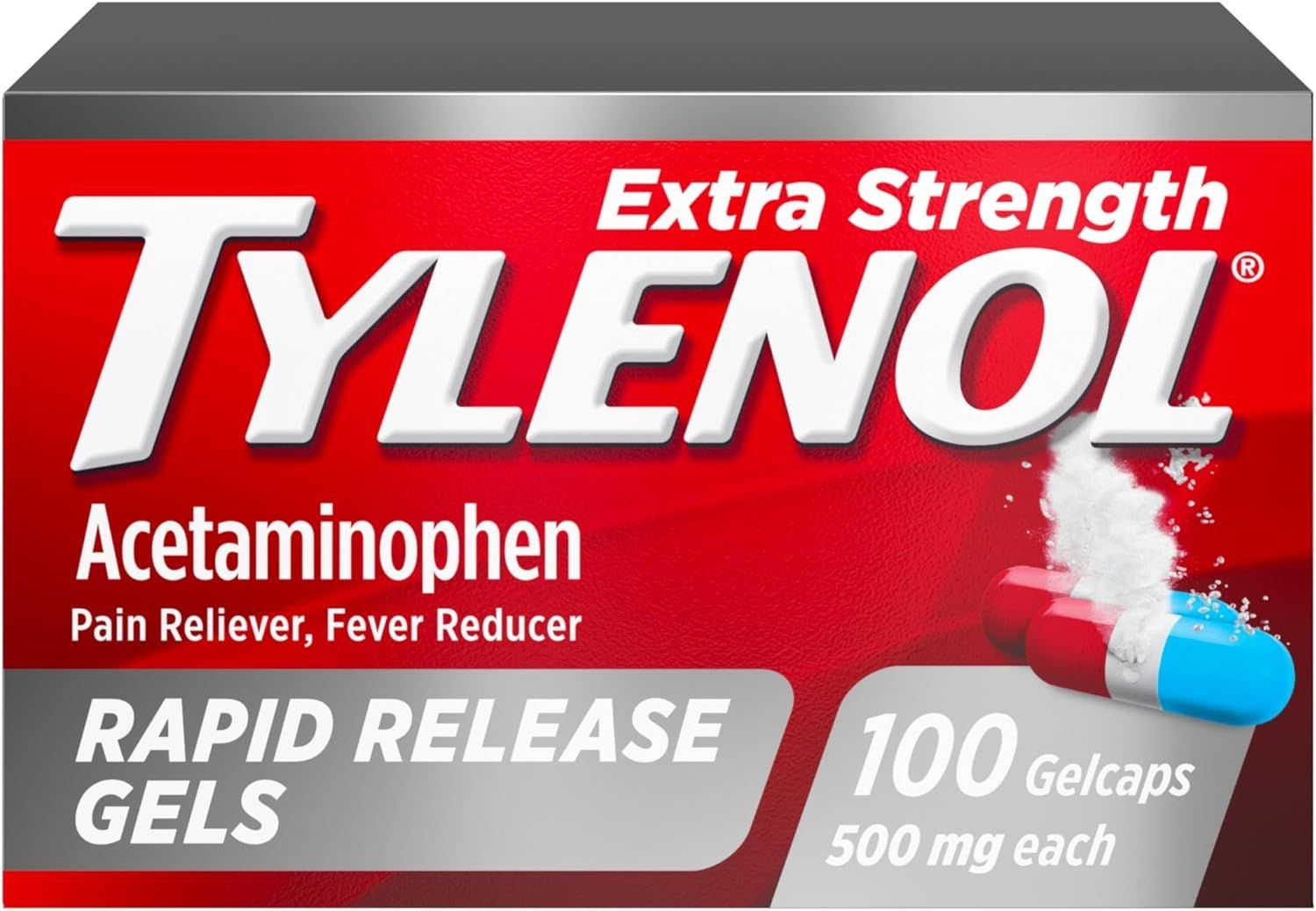 Tylenol Extra Strength Acetaminophen Rapid Release Gels, Pain Reliever &amp; Fever Reducer, 100 ct